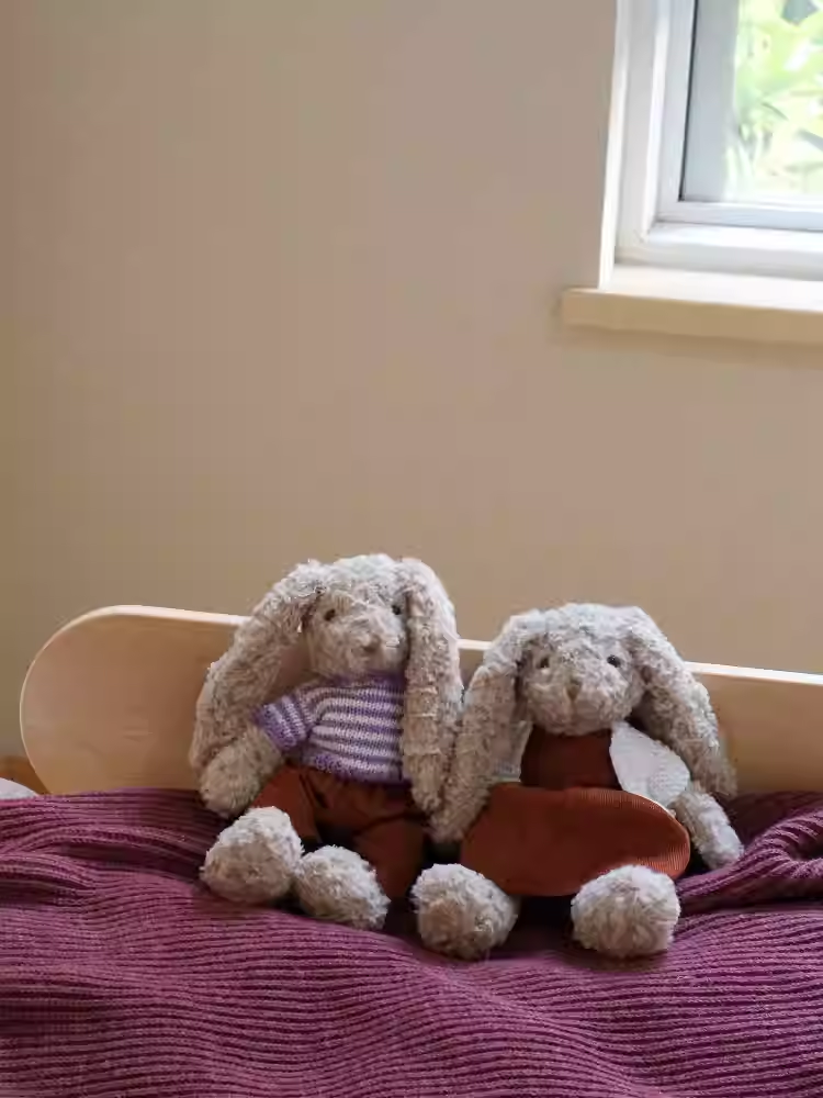 Vesta Retro Terry Cloth Bunny Plush with Handmade Outfit | 30cm Stuffed Animal Doll (Sweater, Dress, Plaid Skirt Options)