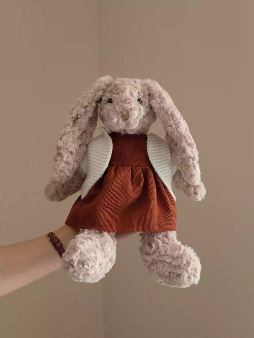 Vesta Retro Terry Cloth Bunny Plush with Handmade Outfit | 30cm Stuffed Animal Doll (Sweater, Dress, Plaid Skirt Options)