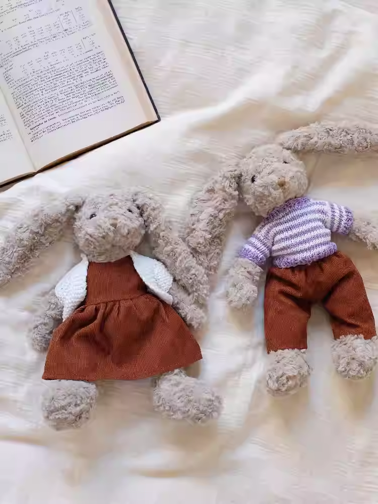 Vesta Retro Terry Cloth Bunny Plush with Handmade Outfit | 30cm Stuffed Animal Doll (Sweater, Dress, Plaid Skirt Options)