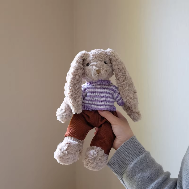 Vesta Retro Terry Cloth Bunny Plush with Handmade Outfit | 30cm Stuffed Animal Doll (Sweater, Dress, Plaid Skirt Options)
