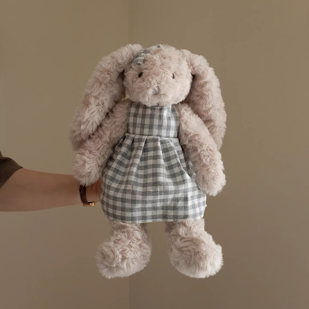 Vesta Retro Terry Cloth Bunny Plush with Handmade Outfit | 30cm Stuffed Animal Doll (Sweater, Dress, Plaid Skirt Options)