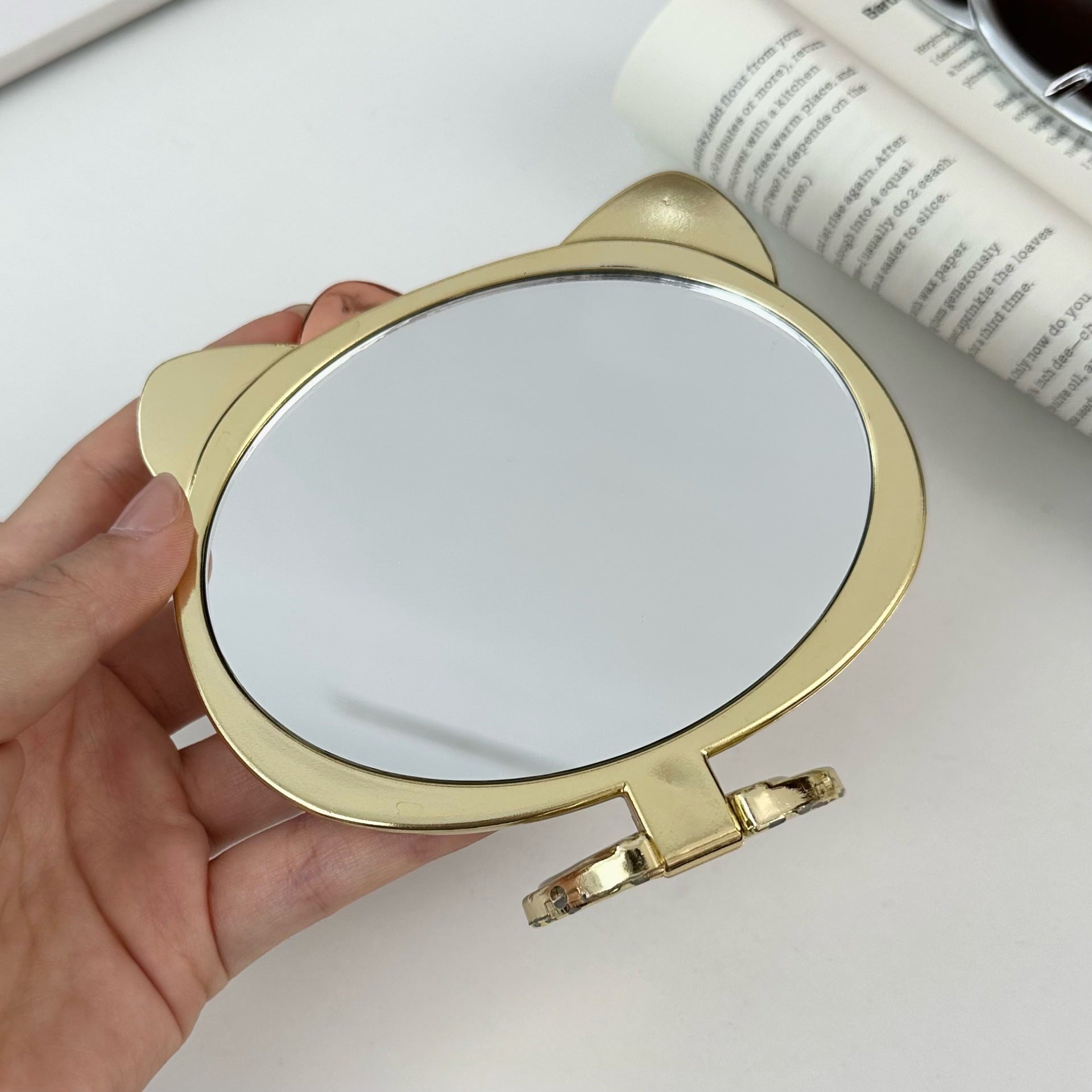 Cute Cat Foldable Hand Mirror - Portable Metallic Makeup Mirror for Travel and Daily Use
