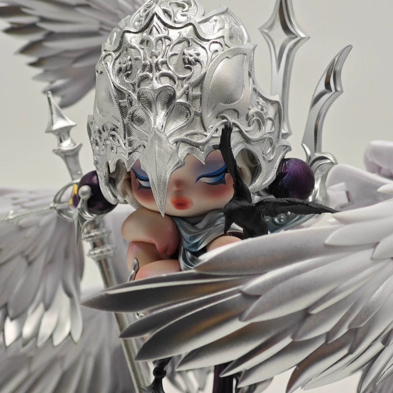 Hand-Painted Pop Mart SP Crow Knight Repainted Doll | Artist Customized Art Toy with Display Box & Angel Backdrop