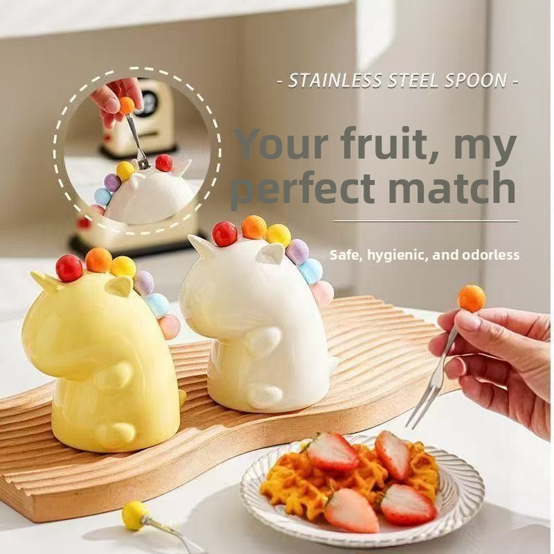 Vesta Unicorn Fruit Fork Set - 410 Stainless Steel with Cute Ceramic Storage Holder