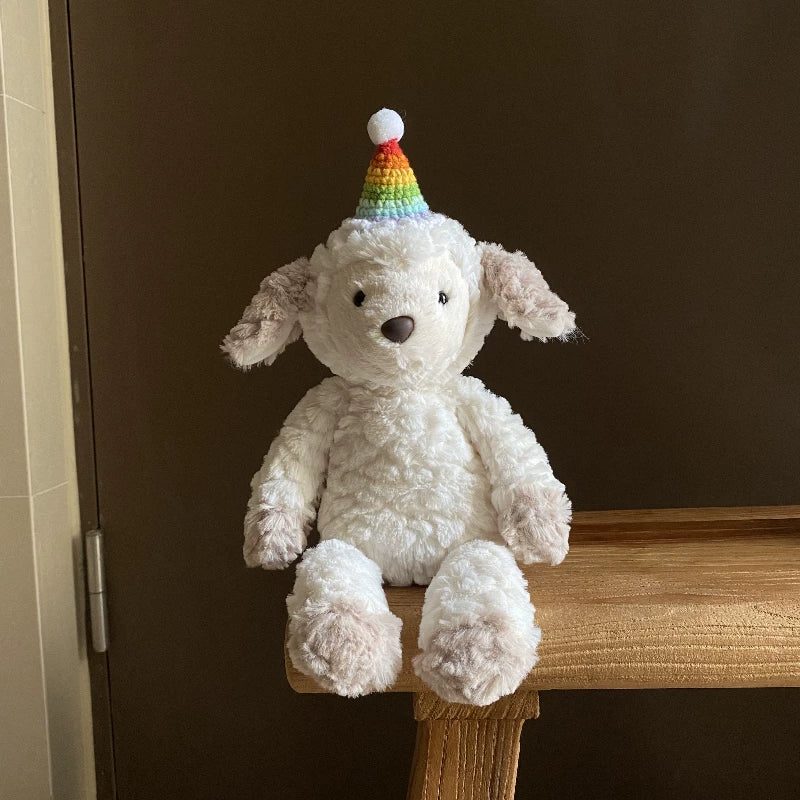 Cute Rainbow Party Sheep Plush | Soft Stuffed Animal with Handmade Rainbow Hat | 19cm & 35cm Sizes