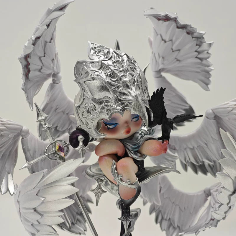 Hand-Painted Pop Mart SP Crow Knight Repainted Doll | Artist Customized Art Toy with Display Box & Angel Backdrop