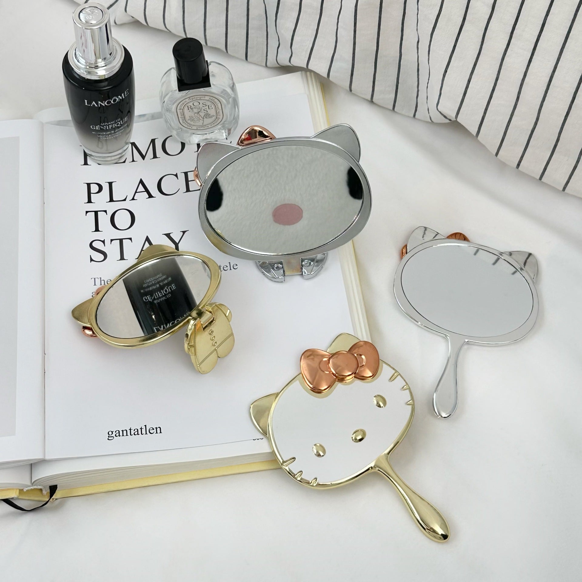 Cute Cat Foldable Hand Mirror - Portable Metallic Makeup Mirror for Travel and Daily Use