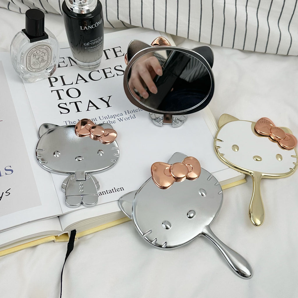 Cute Cat Foldable Hand Mirror - Portable Metallic Makeup Mirror for Travel and Daily Use