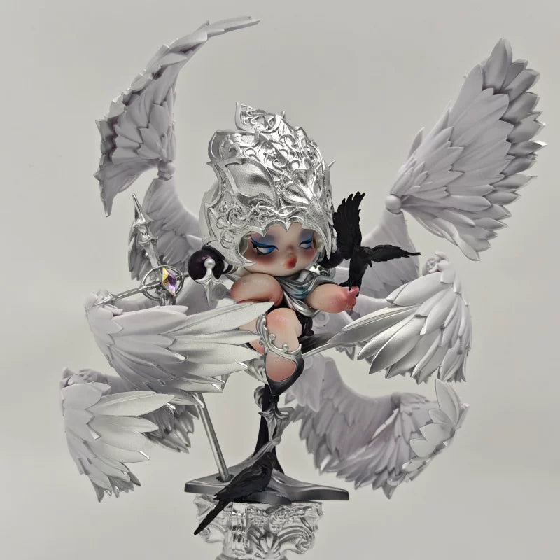 Hand-Painted Pop Mart SP Crow Knight Repainted Doll | Artist Customized Art Toy with Display Box & Angel Backdrop