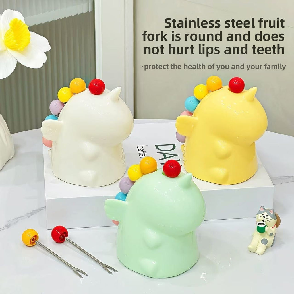 Vesta Unicorn Fruit Fork Set - 410 Stainless Steel with Cute Ceramic Storage Holder