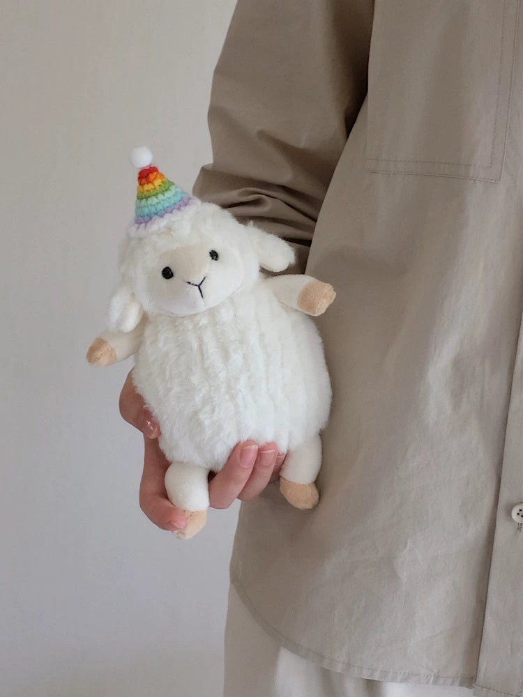Cute Rainbow Party Sheep Plush | Soft Stuffed Animal with Handmade Rainbow Hat | 19cm & 35cm Sizes