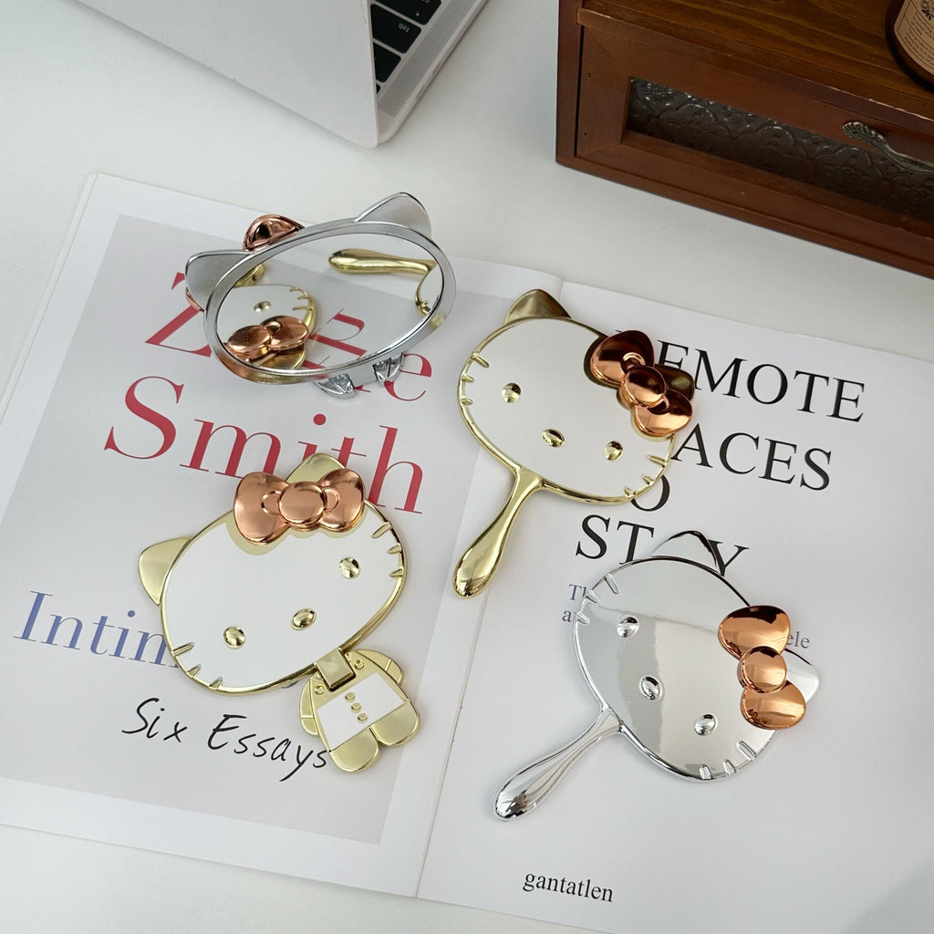 Cute Cat Foldable Hand Mirror - Portable Metallic Makeup Mirror for Travel and Daily Use