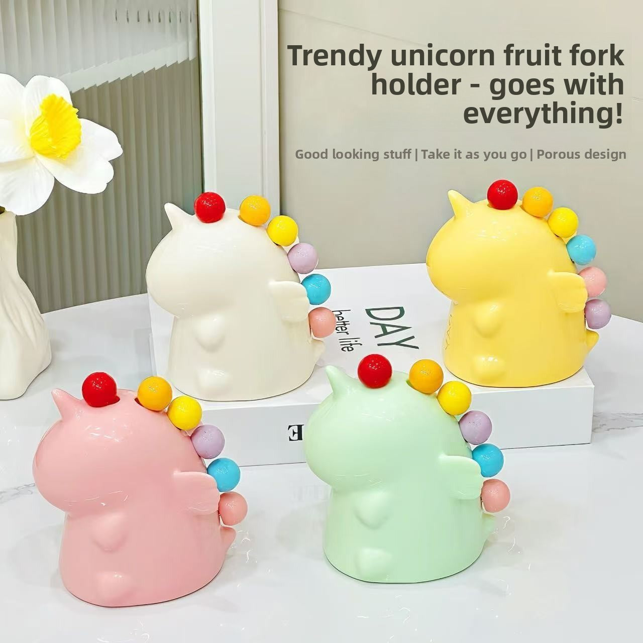 Vesta Unicorn Fruit Fork Set - 410 Stainless Steel with Cute Ceramic Storage Holder