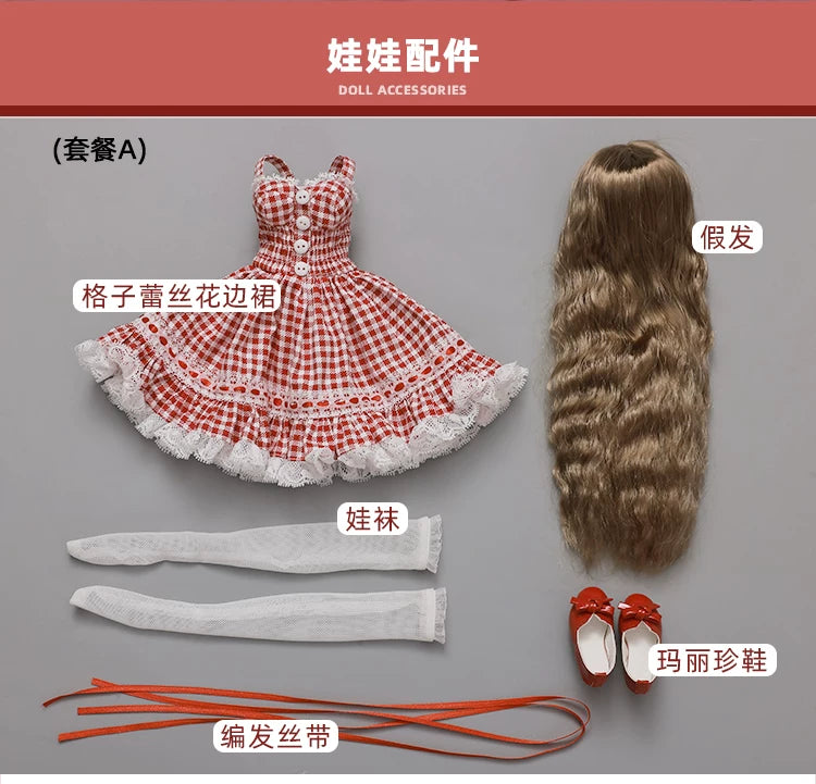 1/4 BJD Doll Carmen - Gingham Lace Dress & Ball-Jointed Doll Full Set