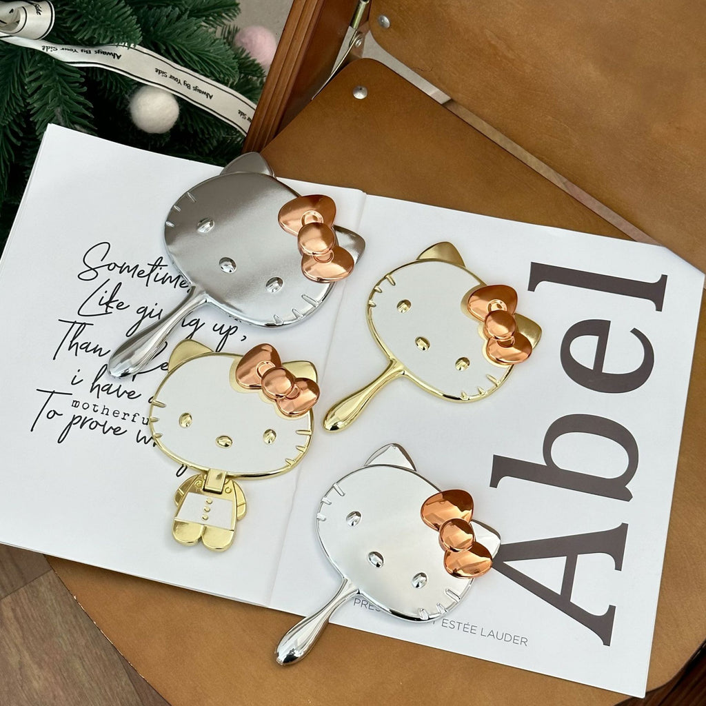 Cute Cat Foldable Hand Mirror - Portable Metallic Makeup Mirror for Travel and Daily Use