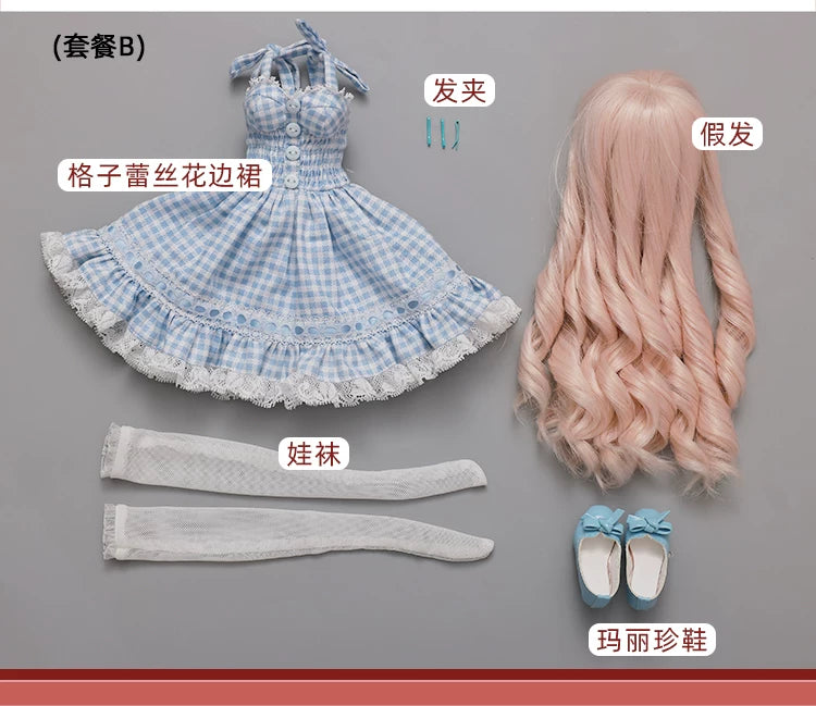 1/4 BJD Doll Carmen - Gingham Lace Dress & Ball-Jointed Doll Full Set