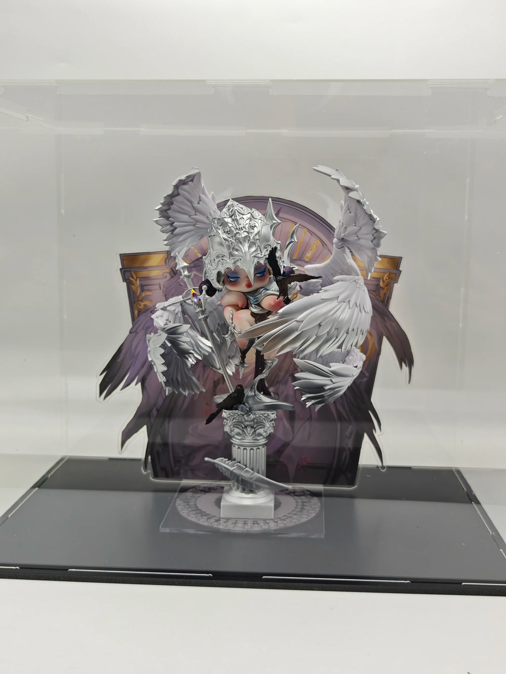 Hand-Painted Pop Mart SP Crow Knight Repainted Doll | Artist Customized Art Toy with Display Box & Angel Backdrop