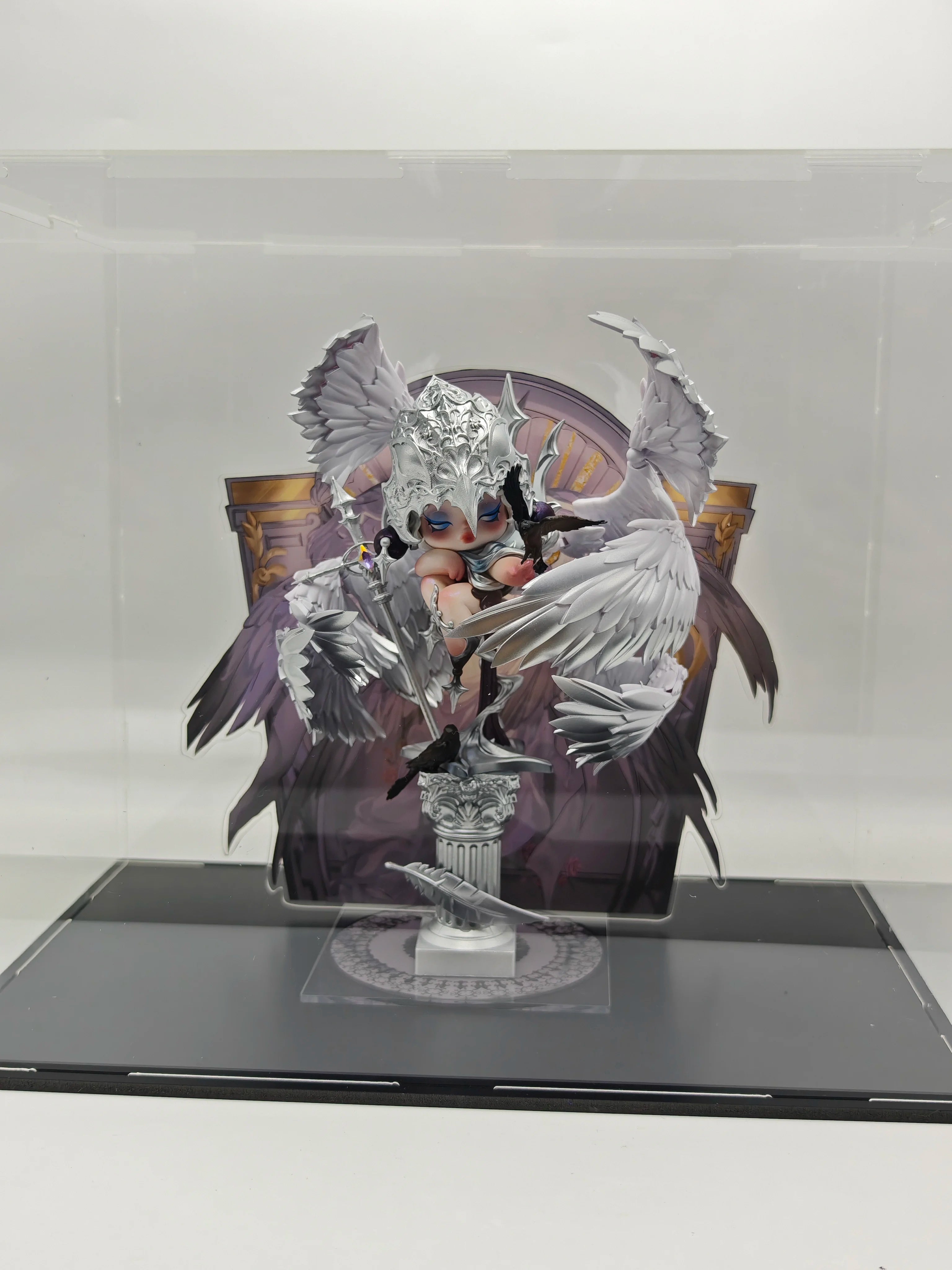 Hand-Painted Pop Mart SP Crow Knight Repainted Doll | Artist Customized Art Toy with Display Box & Angel Backdrop