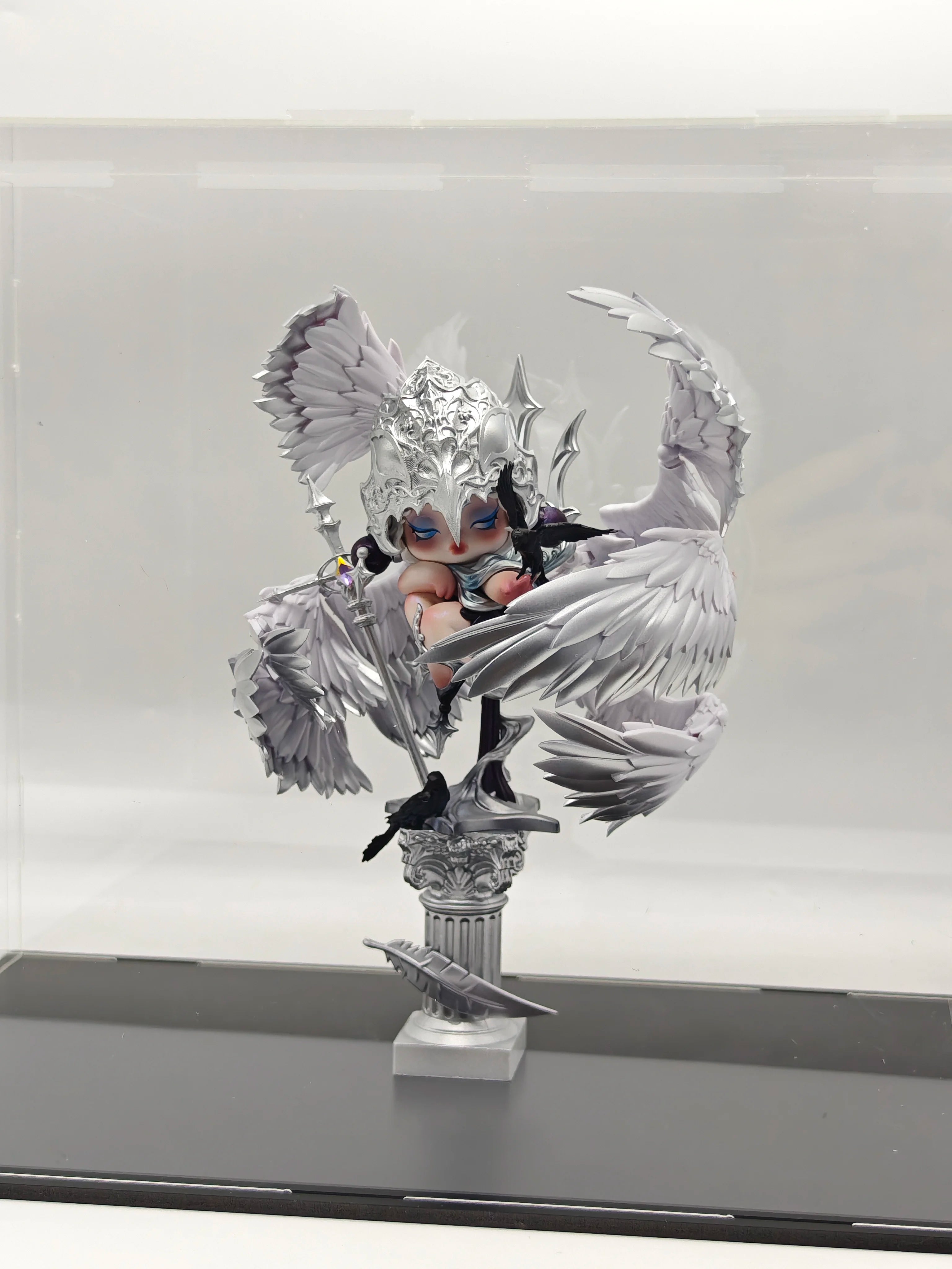 Hand-Painted Pop Mart SP Crow Knight Repainted Doll | Artist Customized Art Toy with Display Box & Angel Backdrop