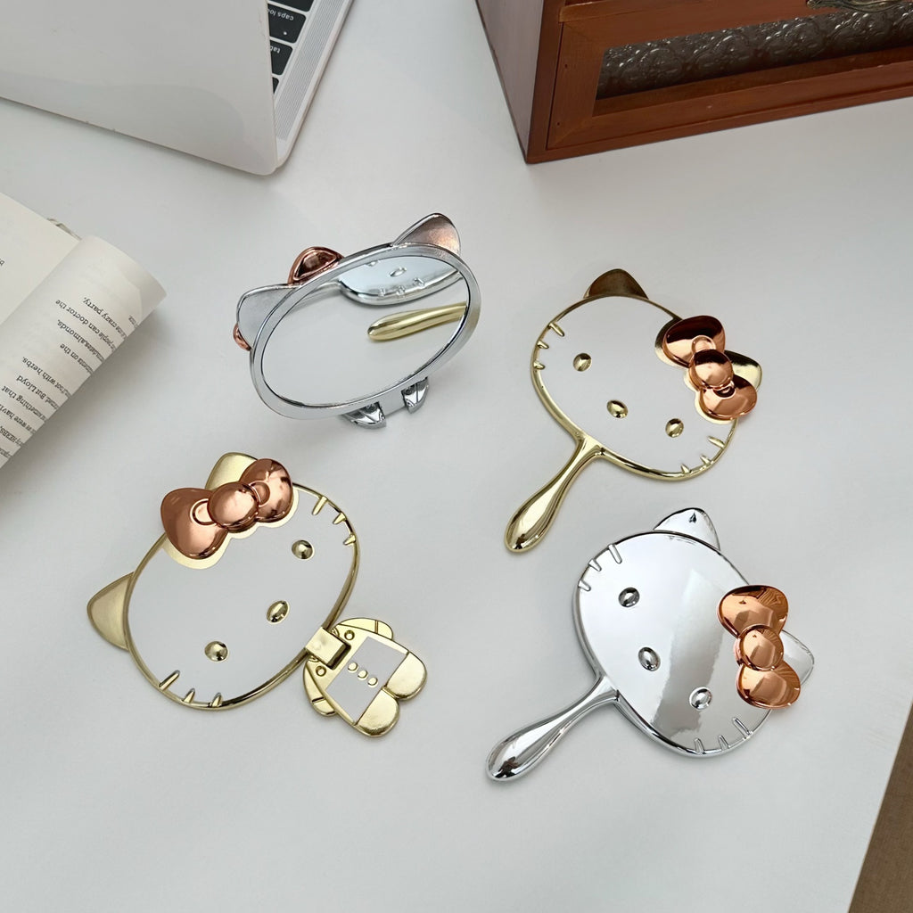 Cute Cat Foldable Hand Mirror - Portable Metallic Makeup Mirror for Travel and Daily Use
