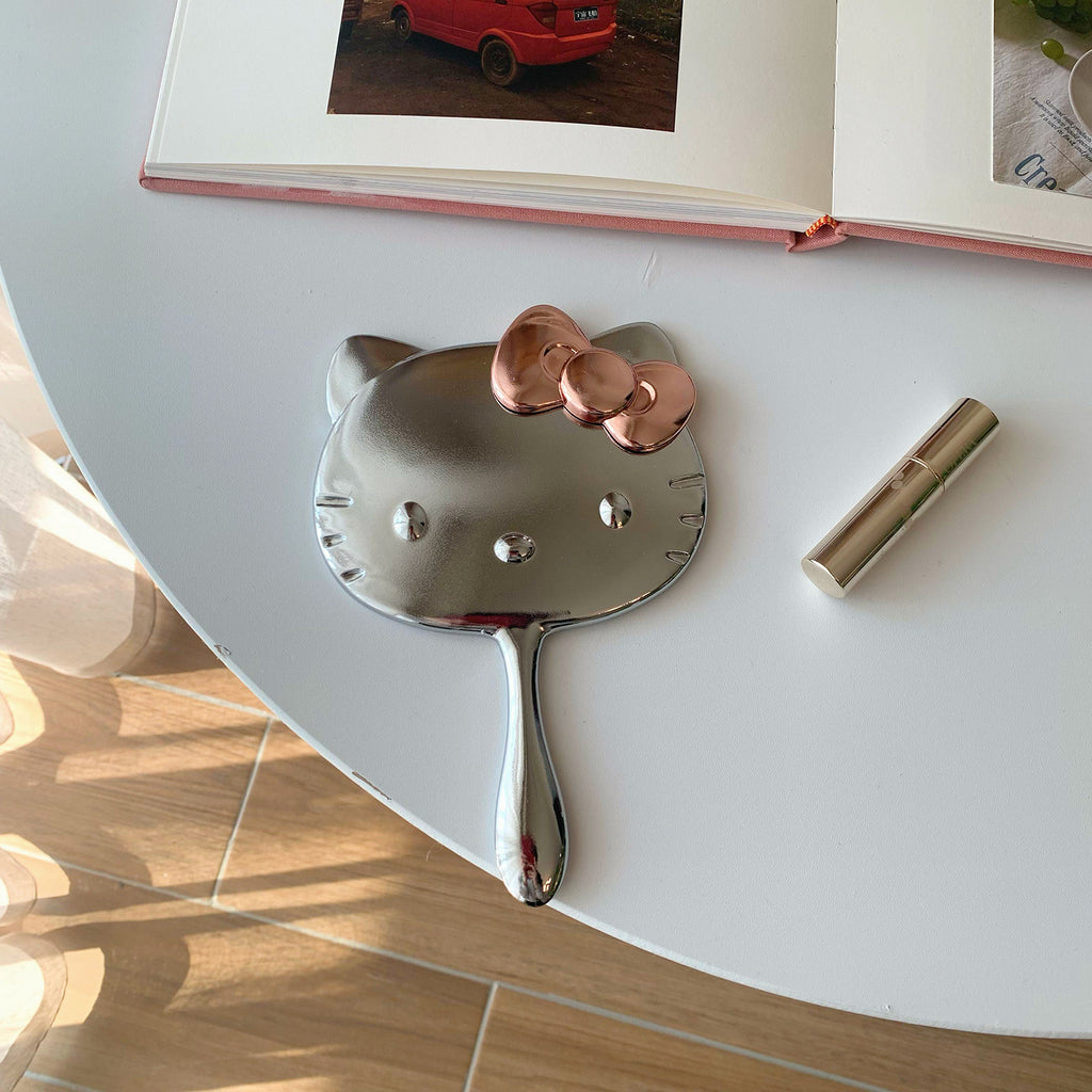 Cute Cat Foldable Hand Mirror - Portable Metallic Makeup Mirror for Travel and Daily Use