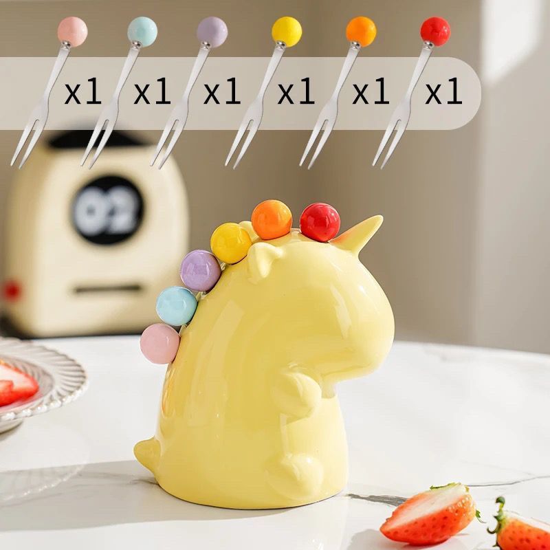 Vesta Unicorn Fruit Fork Set - 410 Stainless Steel with Cute Ceramic Storage Holder