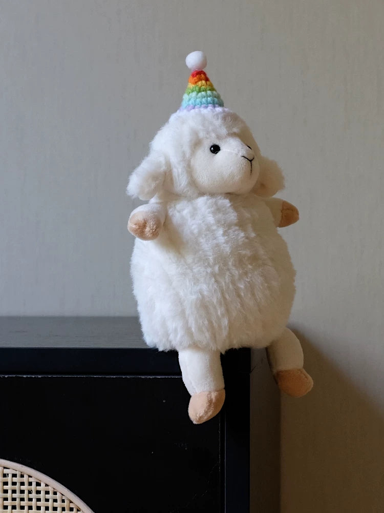 Cute Rainbow Party Sheep Plush | Soft Stuffed Animal with Handmade Rainbow Hat | 19cm & 35cm Sizes