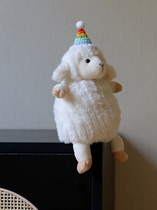 Cute Rainbow Party Sheep Plush | Soft Stuffed Animal with Handmade Rainbow Hat | 19cm & 35cm Sizes