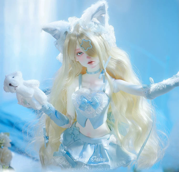 1/4 BJD Doll Leng Leng Cat | SD Ball-Jointed Doll with Y2K Cat Ear Headpiece | Collectible Art Toy