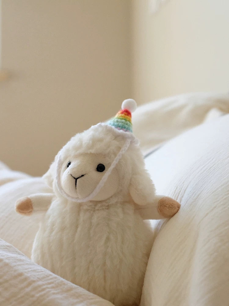 Cute Rainbow Party Sheep Plush | Soft Stuffed Animal with Handmade Rainbow Hat | 19cm & 35cm Sizes