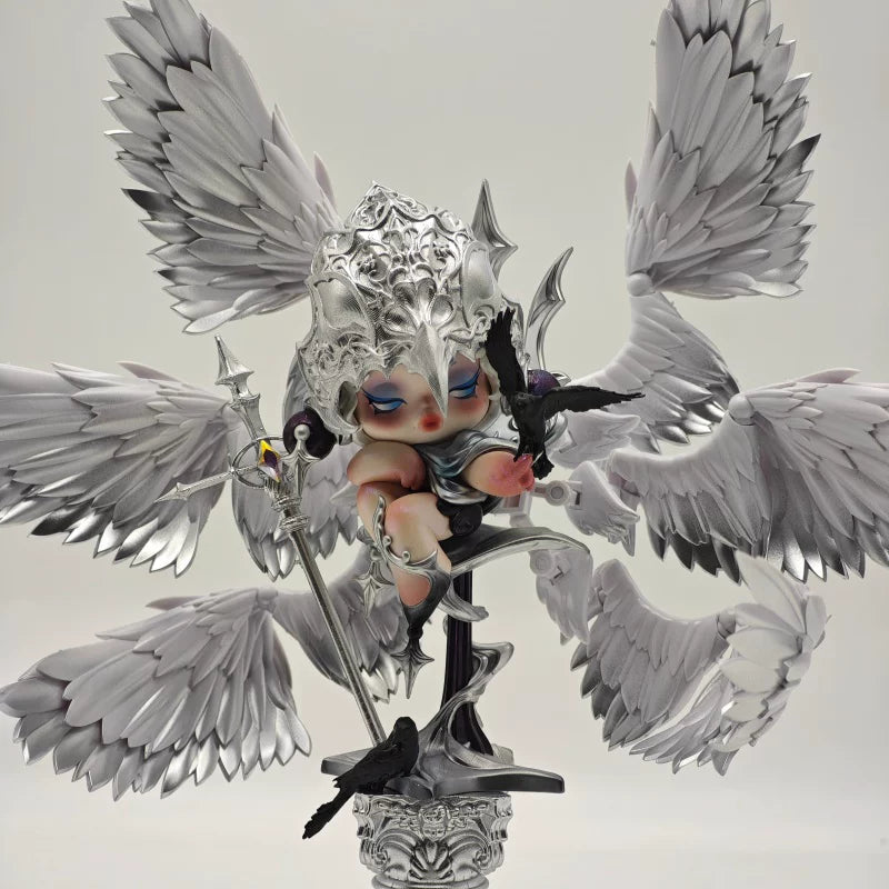 Hand-Painted Pop Mart SP Crow Knight Repainted Doll | Artist Customized Art Toy with Display Box & Angel Backdrop