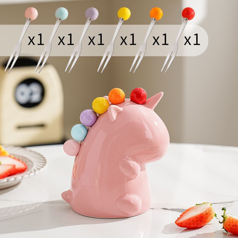 Vesta Unicorn Fruit Fork Set - 410 Stainless Steel with Cute Ceramic Storage Holder