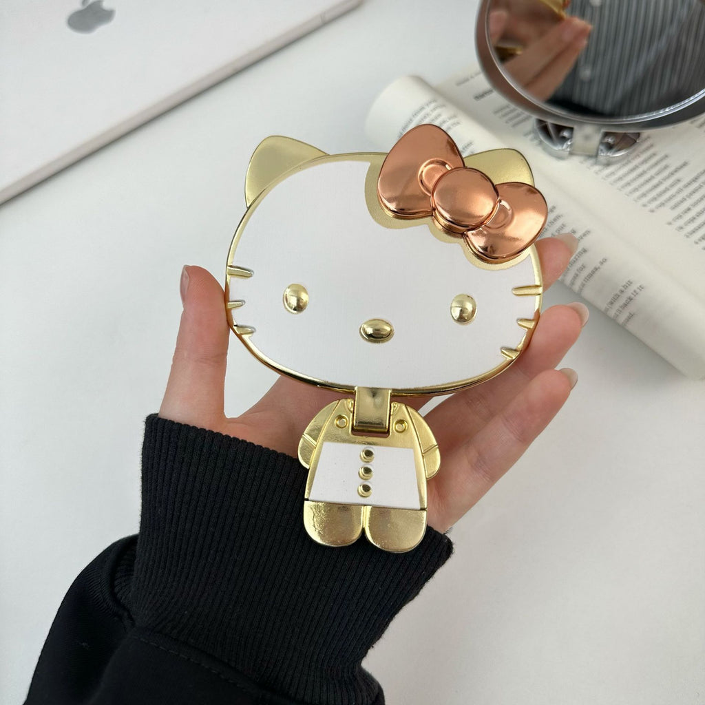 Cute Cat Foldable Hand Mirror - Portable Metallic Makeup Mirror for Travel and Daily Use