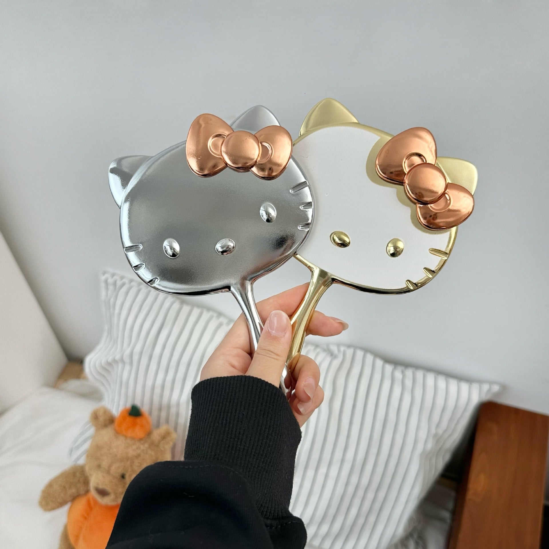Cute Cat Foldable Hand Mirror - Portable Metallic Makeup Mirror for Travel and Daily Use