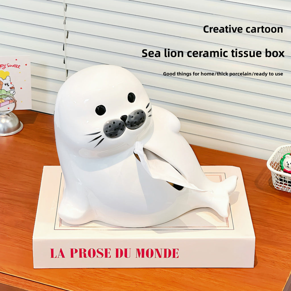 Cute Ceramic Seal Tissue Box Cover - Waterproof Animal Tissue Holder for Home Kitchen Bathroom Living Room | Vesta