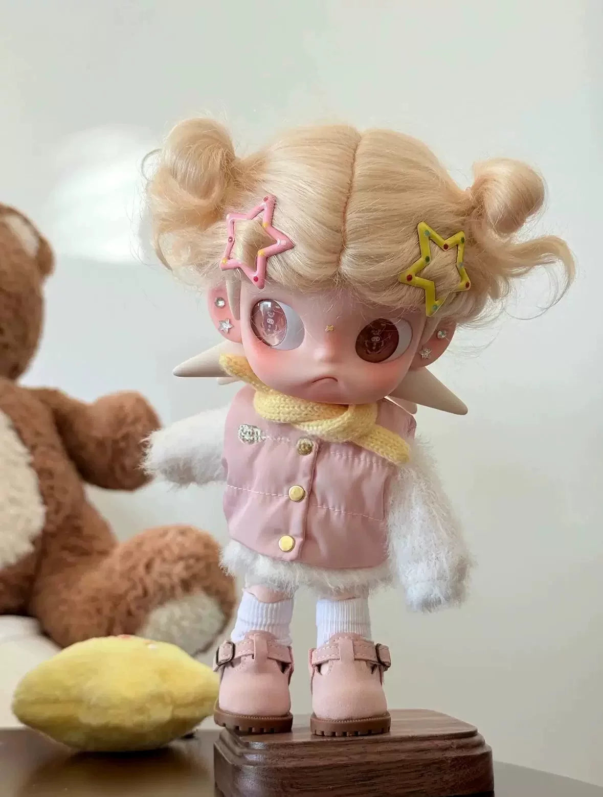 Gingerbread Man 1/8 Doll Outfit | Winter Pink Cotton Suit with Double Ponytail Wig & Star Hair Clips