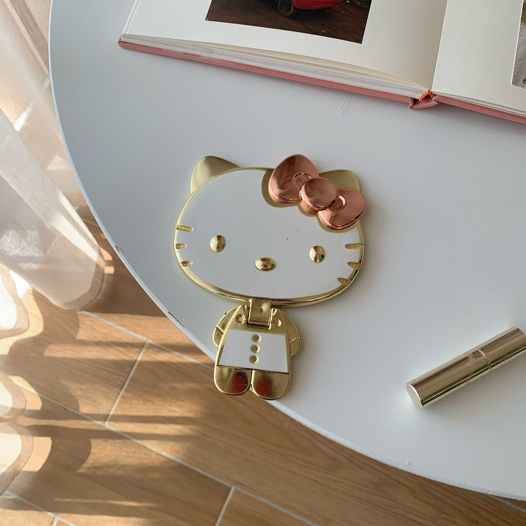 Cute Cat Foldable Hand Mirror - Portable Metallic Makeup Mirror for Travel and Daily Use