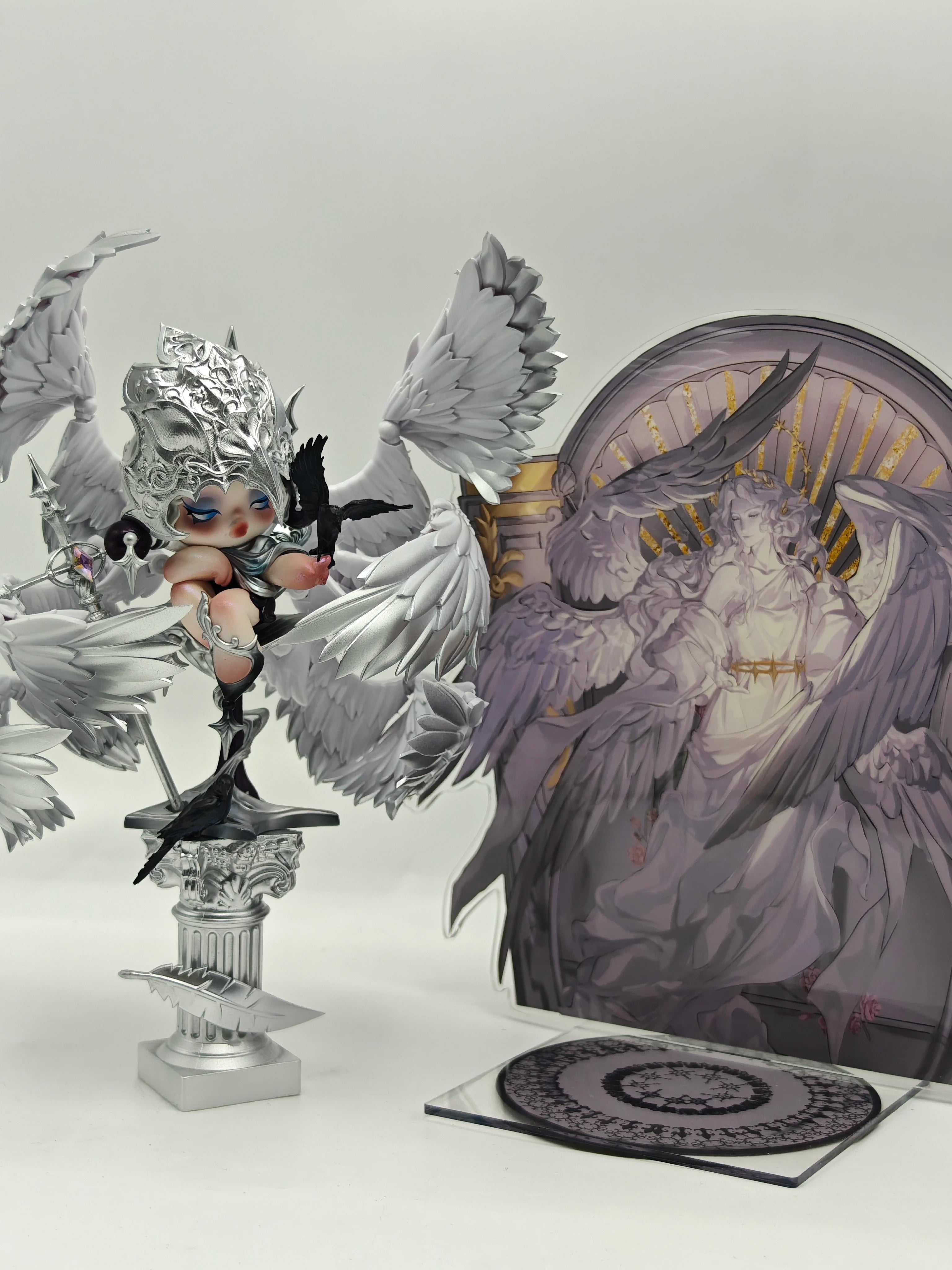 Hand-Painted Pop Mart SP Crow Knight Repainted Doll | Artist Customized Art Toy with Display Box & Angel Backdrop