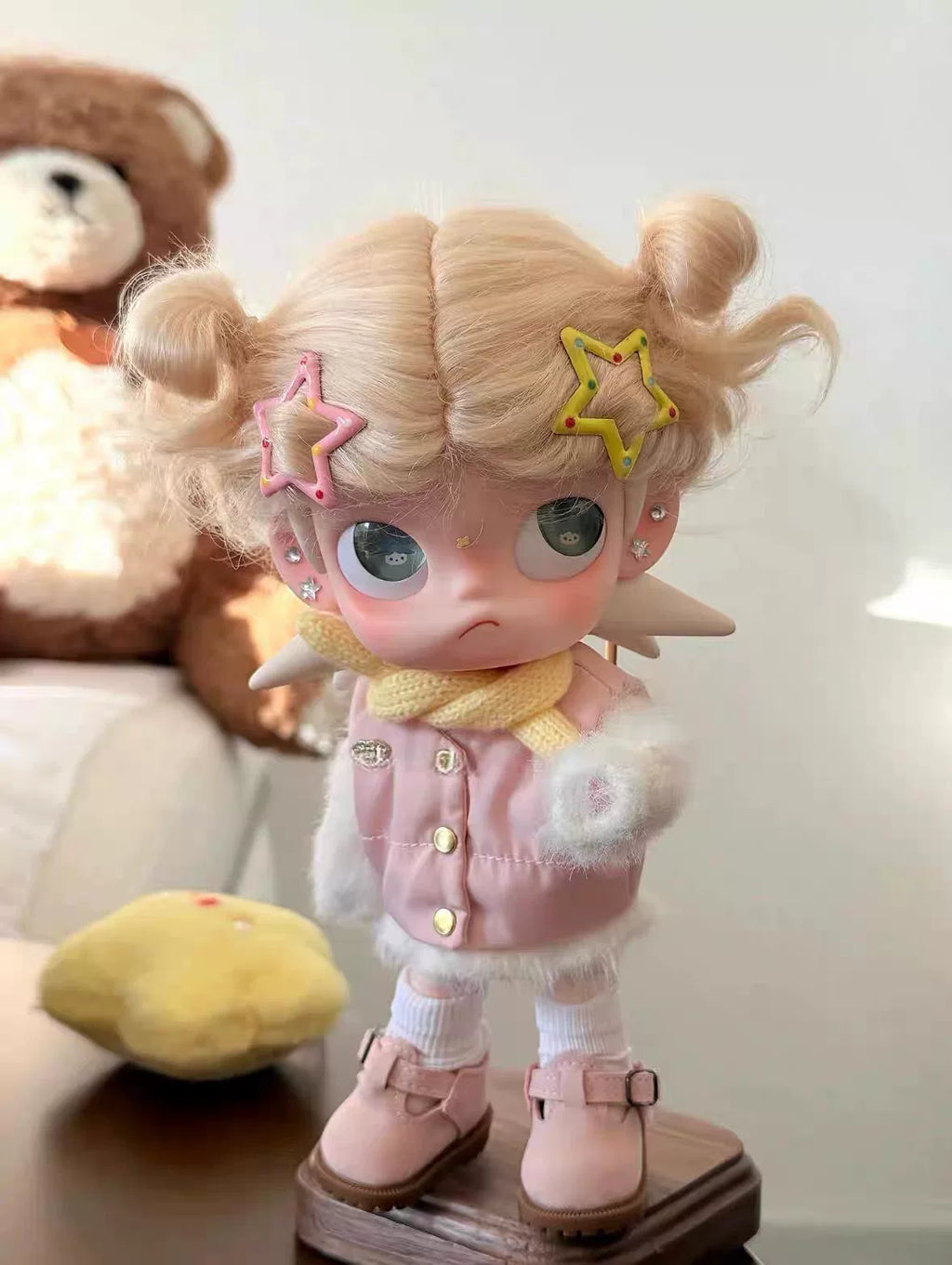 Gingerbread Man 1/8 Doll Outfit | Winter Pink Cotton Suit with Double Ponytail Wig & Star Hair Clips