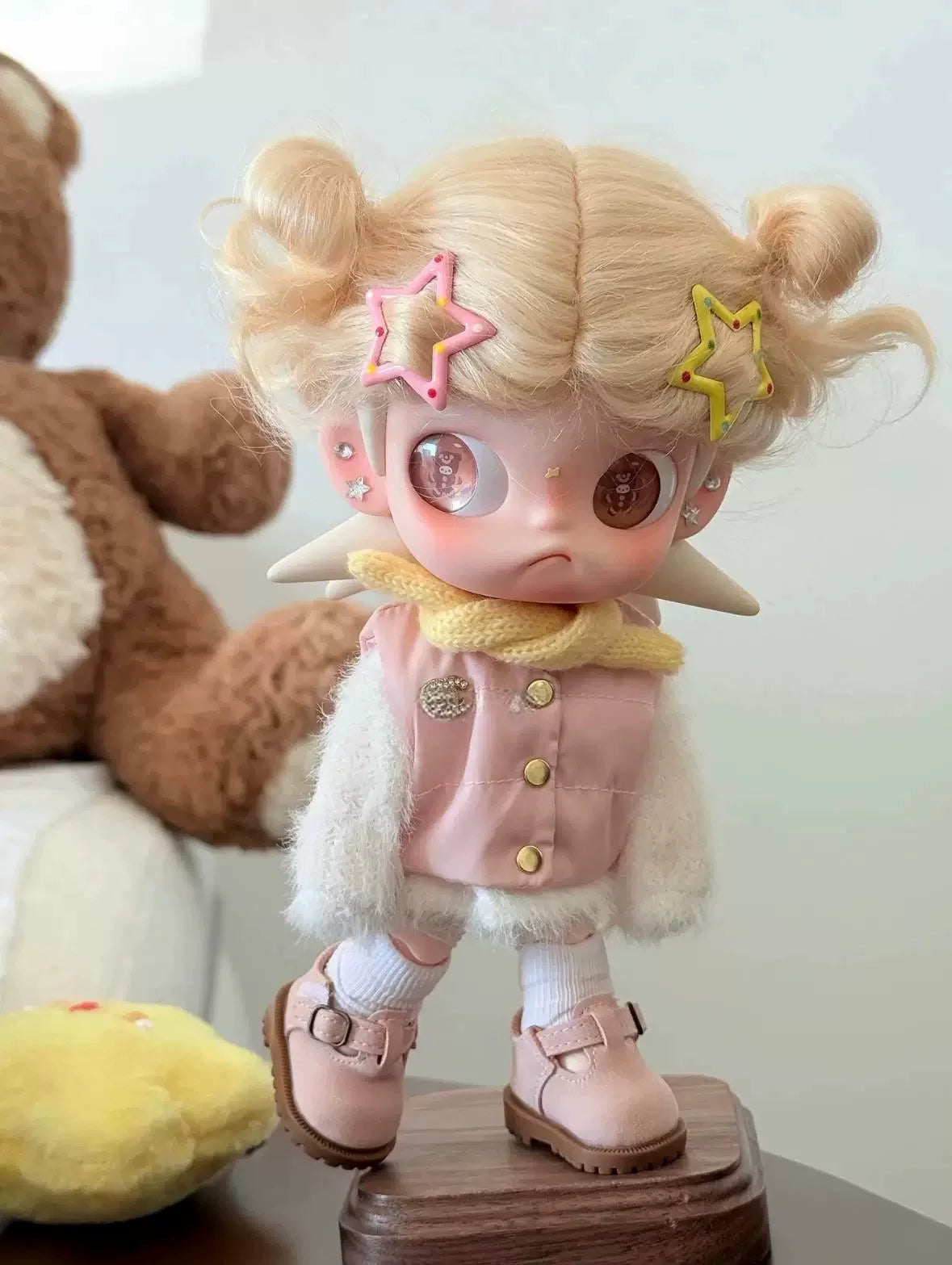 Gingerbread Man 1/8 Doll Outfit | Winter Pink Cotton Suit with Double Ponytail Wig & Star Hair Clips