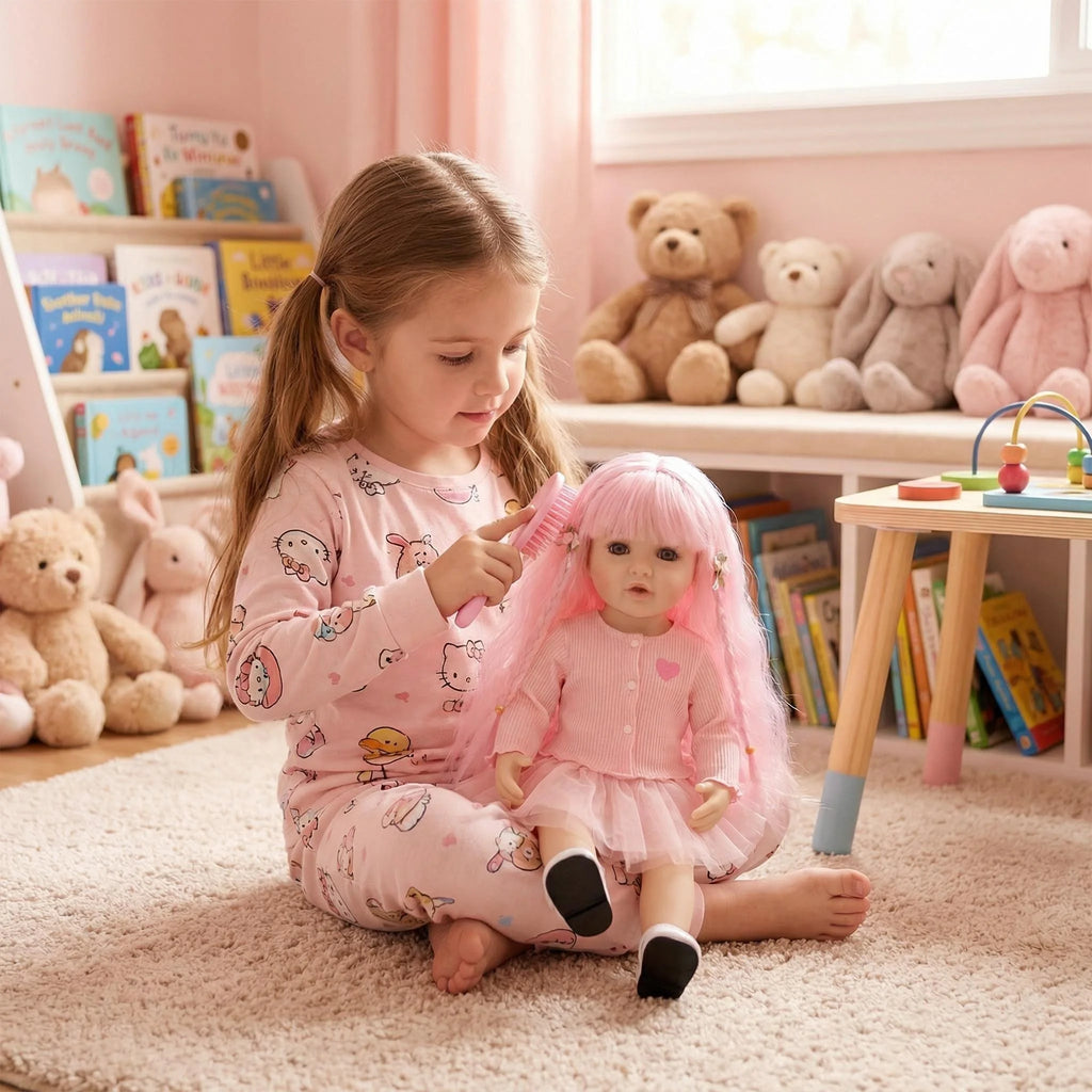 22inch Full body Betty Silicone Reborn Pink Curly hair Girl Doll Lifelike 3D Skin Visible Veins Gifts for Children