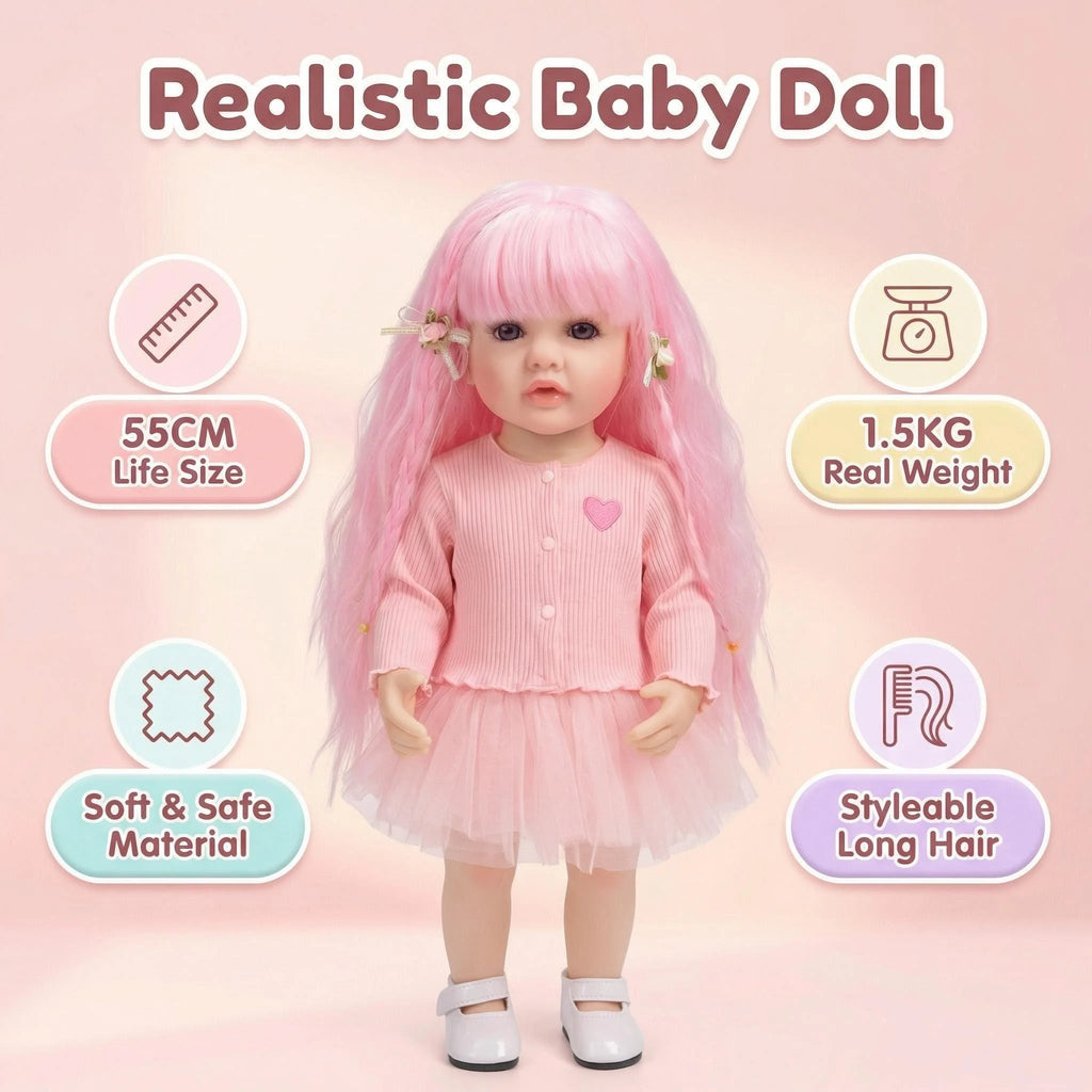 22inch Full body Betty Silicone Reborn Pink Curly hair Girl Doll Lifelike 3D Skin Visible Veins Gifts for Children