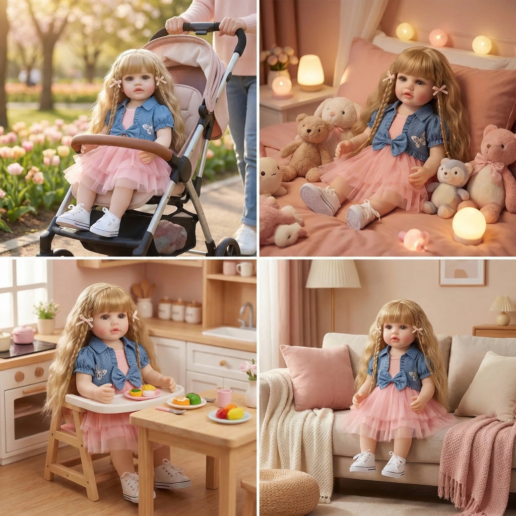 22inch Betty Full body Silicone Reborn  Light Brown Curly Hair Girl Doll Lifelike 3D Skin Visible Veins Gifts for Children