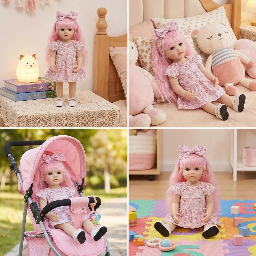 22inch Betty Full body Silicone Reborn Pink Curly hair Girl Doll Lifelike 3D Skin Visible Veins Gifts for Children