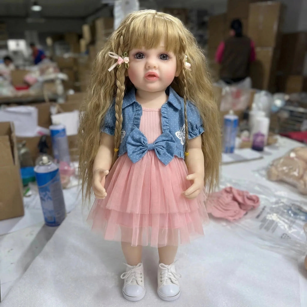 22inch Betty Full body Silicone Reborn  Light Brown Curly Hair Girl Doll Lifelike 3D Skin Visible Veins Gifts for Children