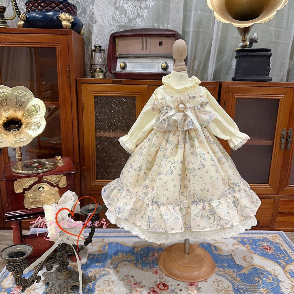 Blythe 1/6 1/4 1/3 BJD Clothes Doll Outfit Beige Chiffon Floral Dress+Headwear-