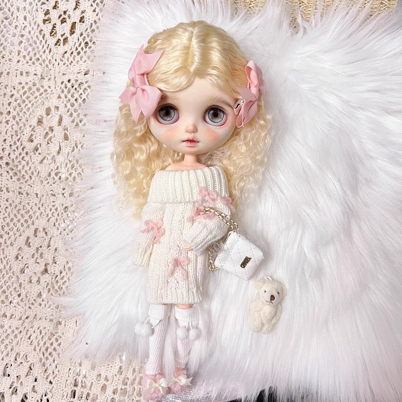 Blythe Doll Clothes 1/6 BJD Knitted Dress Bow Hair Clip Shoes For BJD Doll OB24