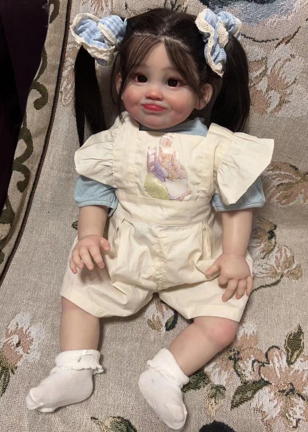 Custom Made 28in Lifelike Reborn Baby Dolls Devi  Realistic Hand-Rooted Hair Toddler Girl Art Gift