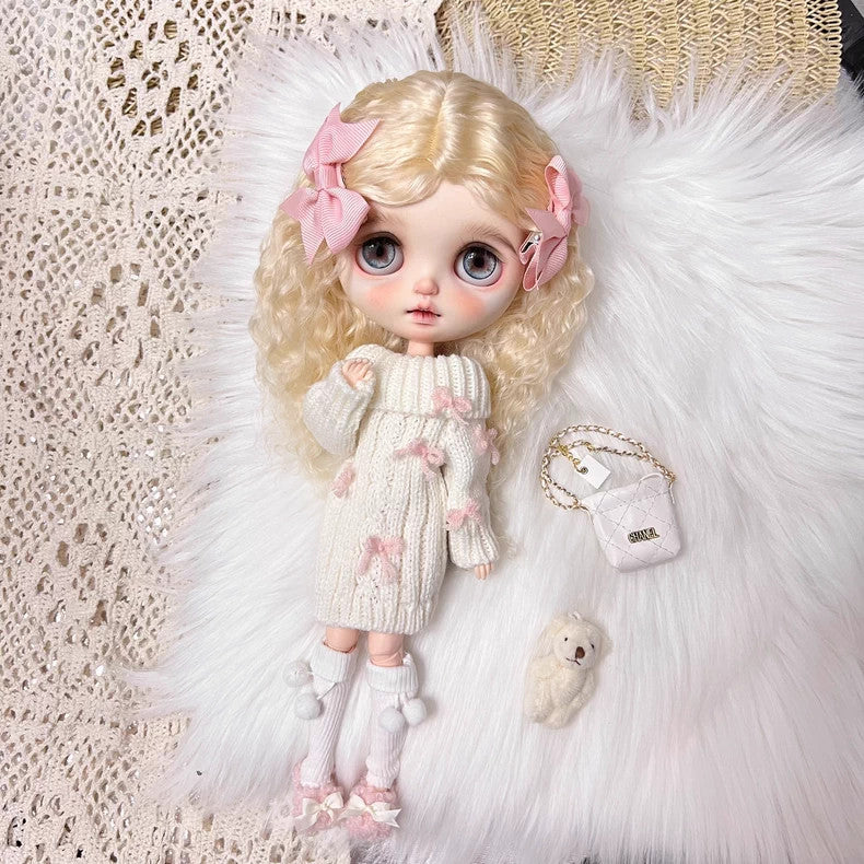 Blythe Doll Clothes 1/6 BJD Knitted Dress Bow Hair Clip Shoes For BJD Doll OB24