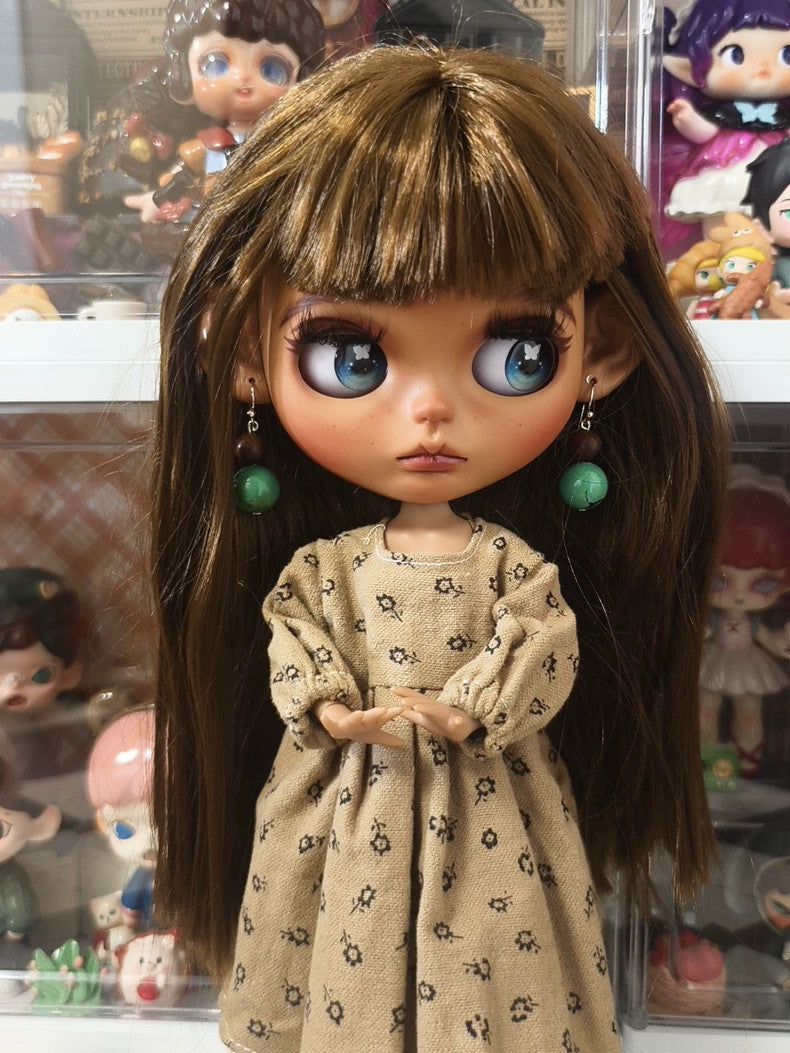 1/6 BJD Doll Handmade Blythe Doll + Clothes Wig Eyes Dark Skin Twins Custom Girl